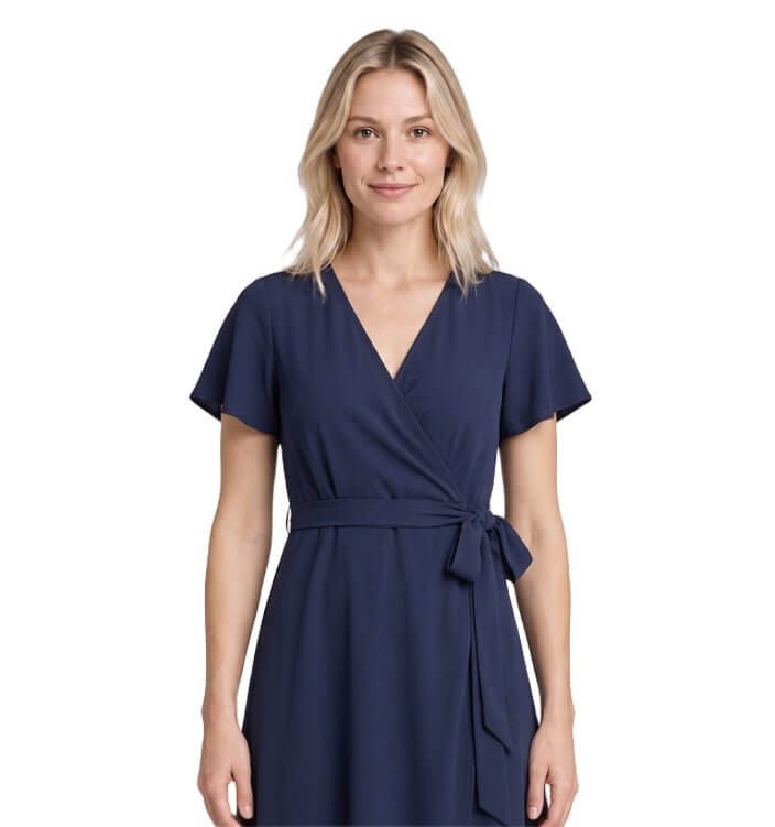 Modèle portant une robe bleu marine après le changement IA