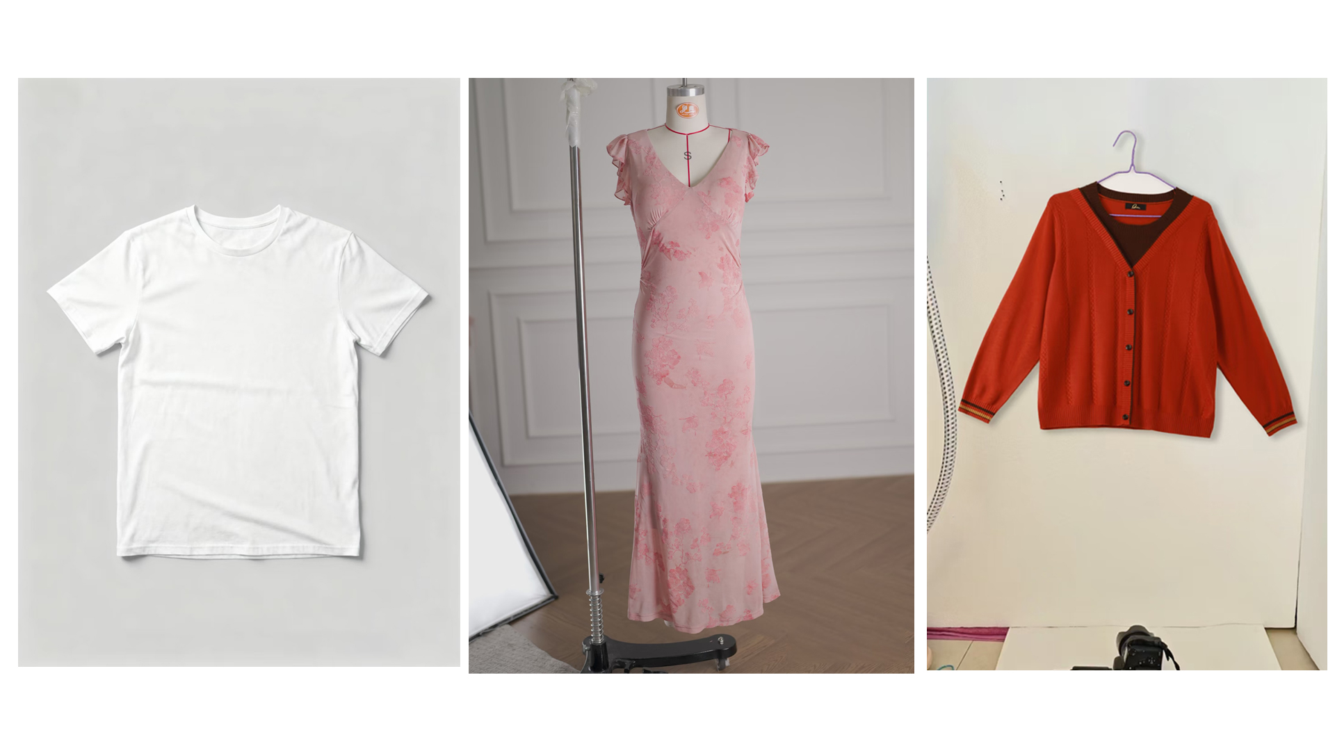 Simple garment photo examples for AI ghost mannequin generation