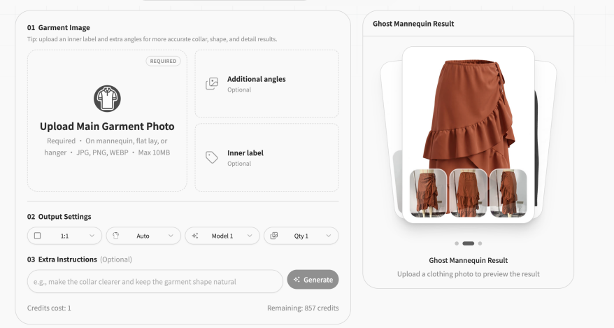 AI ghost mannequin upload and output settings interface